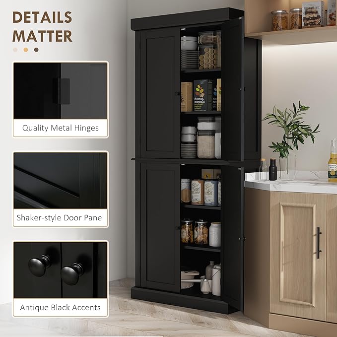HOMCOM 72.5" Freestanding Kitchen Pantry Cabinet, Tall Storage Cabinet with 4 Doors and 2 Adjustable Shelves for Dining Room, Black