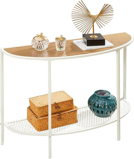 SAYGOER Console Table 2 Tier Narrow Entryway Table with Storage Shelves Half Moon Sofa Couch Table Small Entry Way Tables for Living Bedroom Hallway Office Easy Assembly, Oak White