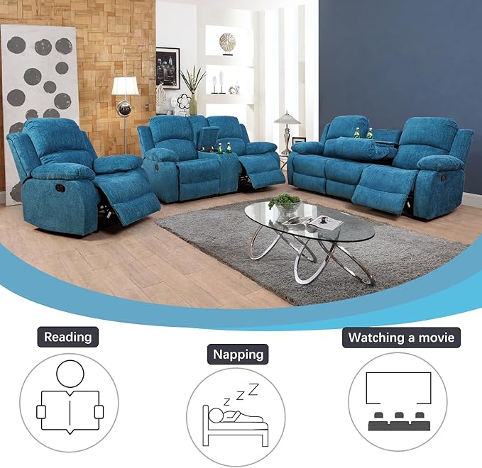 Manual Recliner Sofa Set,Microfiber Reclining Couch Set,Modern Living Room Furniture Set,Reclining Sofa Couch Chair for Living Room Home Office(Light Blue,3 Pieces Set)