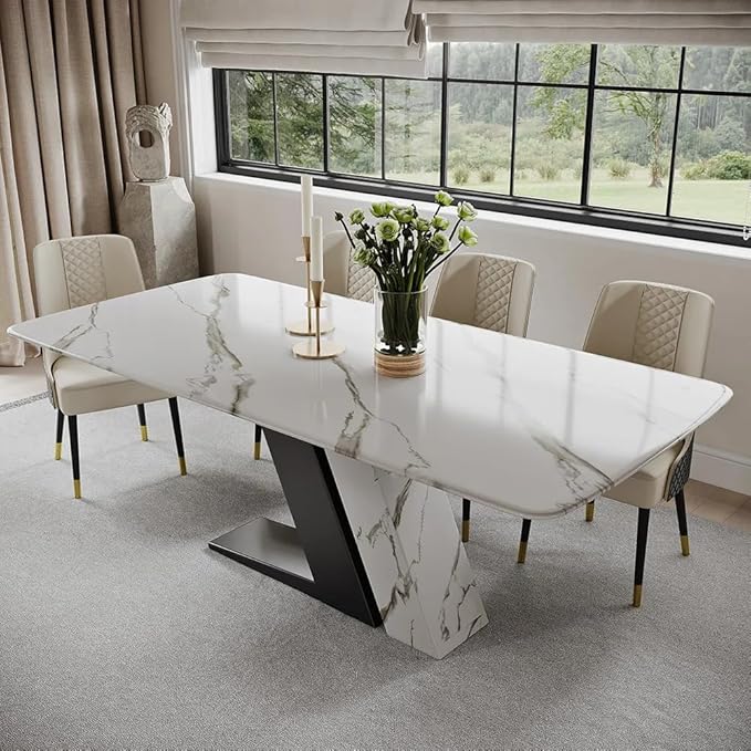 POVISON 71" Luxury Modern Dining Table for 6, Sintered Stone Dining Table Top with Z-Shaped Stainless Steel Pedestal, Rectangle Dining Room Table (Table Only)