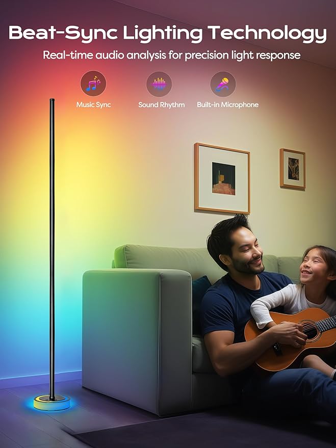 Smart Corner Floor Lamp, RGBICW LED Standing Lamp with App Control, 16 Million Colors with Music Sync, Dimmable Ambient Light for Bedroom, Living Room, Home Decor (Black)