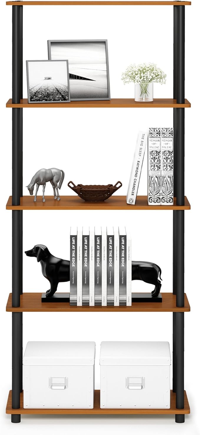 Furinno TURN-N-TUBE Storage Shelves, 5-Tier Book Shelf, Corner Shelf, Toolless Open Shelves, for Organization and Storage, Living Room, Garage, Home Office, Light Cherry