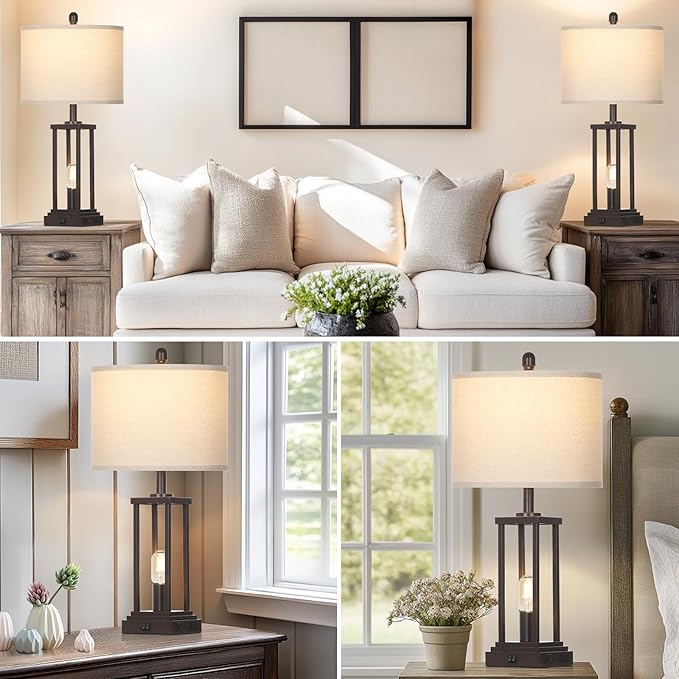 27" Tall Farmhouse Table Lamps Set of 2, Brown Industrial End Table Lamp for Living Room with Night Light, Rustic Bedside Lamps with USB C+A Ports & AC Outlet, Vintage Bedroom Lamp for Nightstand