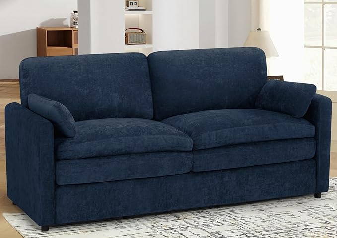 69" Chenille Modern Couch with Cozy & Soft Backrests, 2 Seats Sofa with 2 Extra Pillows, Comfy Upholstered Sofa with Thicker Cushions for Living Room, Office, Blue