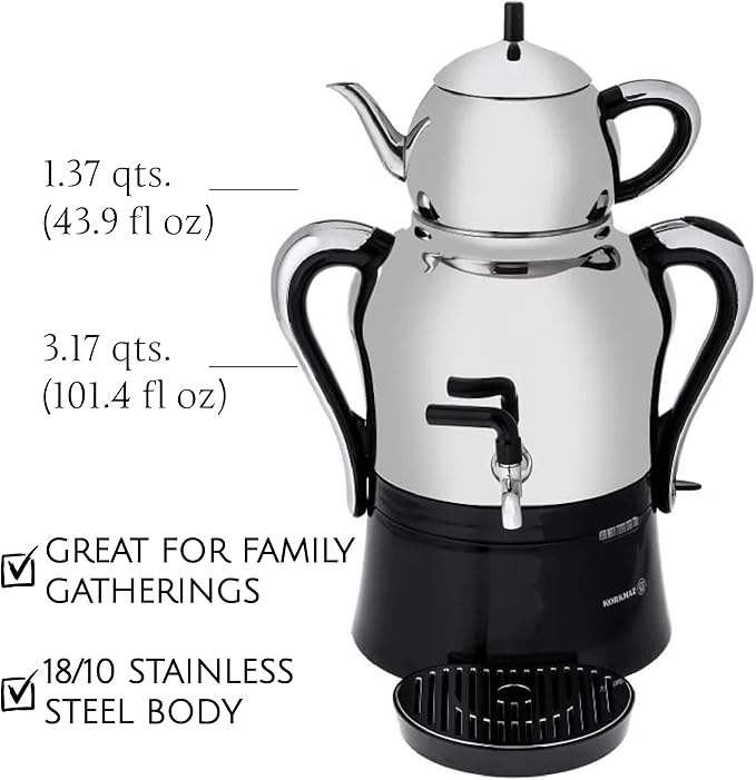 Korkmaz Caykolik A842-01 Stainless Steel Samovar, Upper Pot 1.3 L (43.9 Oz), Bottom Pot 3 L (101.4 Oz) Electric Turkish Tea Maker Set, Double Pots, Inox, Chrome, Black 110 V US Plug, 4.5- Quart