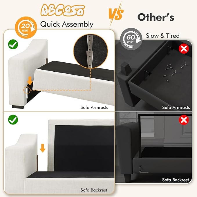 ABCASA 112" Convertible Sectional Sofa, Large L Shaped Couch with Detachable Sofa Cover, Modular Couch for Living Room, Breathable Linen Fabric Corner Sofa for Apartment, Ivory