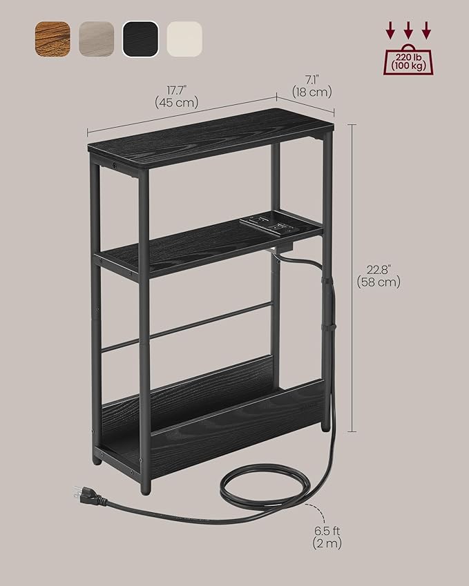 VASAGLE Side Table with Charging Station, Narrow End Table, 3-Tier Nightstand, Sofa Table for Small Spaces, Magazine Rack, for Living Room, Bedroom, Study, Ebony Black and Ink Black ULET335B01