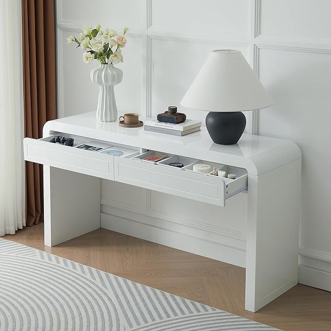 Merax 60" Entryway Console Table with Storage, 2 Drawers with Functional Divider/Retro Curved Design/Behind Couch & Sofa, White