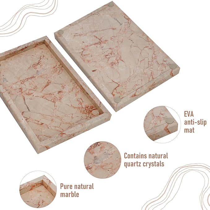 Marble Bathroom Tray,Pure Natural Vanity Tray,Marble Trays for Kitchen Counter Non-Ceramic/Non-Resin,Stone Tray 12 x 8 inch (Pink) ﻿