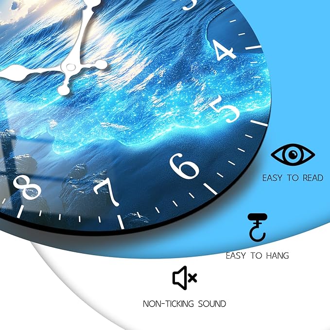 Modern Round Wall Clock 14 inch Wooden Blue Tears Wall-Clock with Tempered Film Silent Analog Clock for Bedroom, Office, Living Room Decor