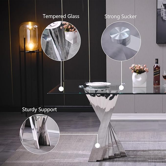 Dining Table for 4-8, 78“ Modern Falcone Kitchen and Dining Table with Tempered Glass Top, Silver Dinner Table for Dining Room, Kitchen, Party
