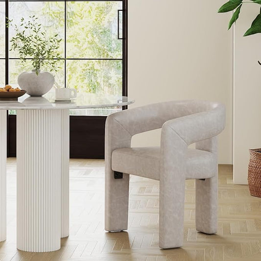 Modern Barrel Dining Chair Grey PU Leather Upholstered Accent Side Chair with Arms Comfy Makeup Vanity Chair Dining Living Room Kitchen Chair, Grey