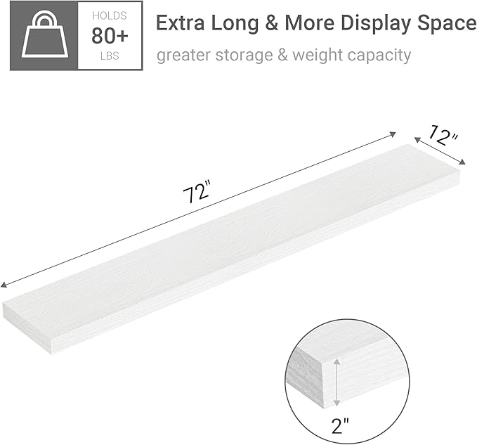 Vivelove 12 in Deep Floating Shelves for Wall, 72" x 12" x 2" Shelves for Room Wall Mounted, 2 Inch Thick Shelf for Bathroom Bedroom Kitchen Book Room, Modern Farmhouse Decor, Set of 1, White