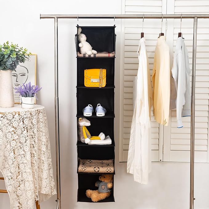 6 Shelves Hanging Closet Organizer, 2 Pack Hanging Storage with 4 Side Pockets for Clothes Shoes, 43.5"x12"x12"(Black)