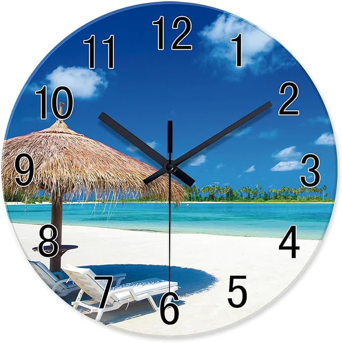 XFM Blue Beach Wall Clock 14 Inch Silent Ocean Wall Clocks Battery Operated Tropical Summer Coastal Clock for Bedroom Living Room Office