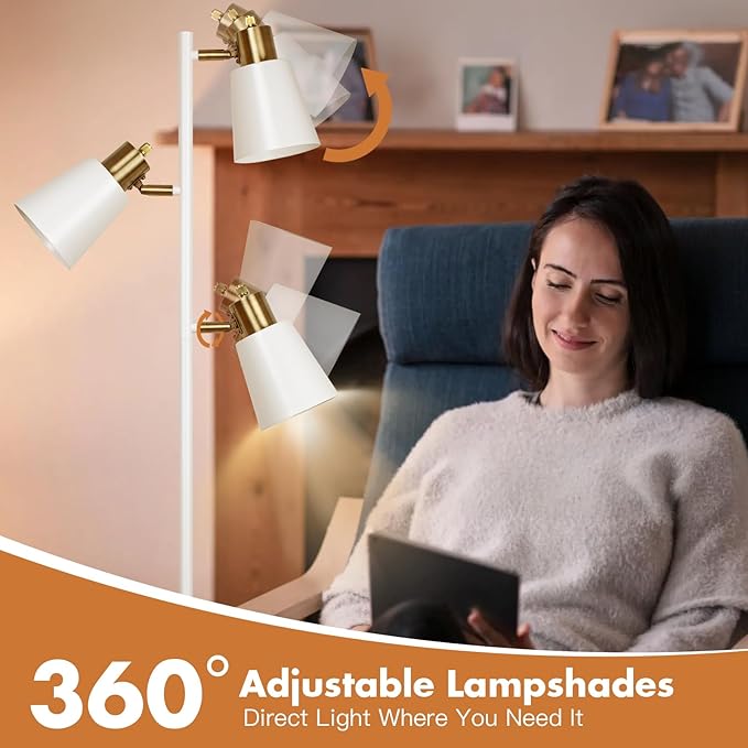 Tree Floor Lamp for Living Room, Industrial 3-Light Standing Lamp with 3 LED Bulbs, Adjustable Rotation Heads, Standing Tall Pole Lamp Farmhouse Rustic Reading Lamps for Bedroom Office (White Gold)