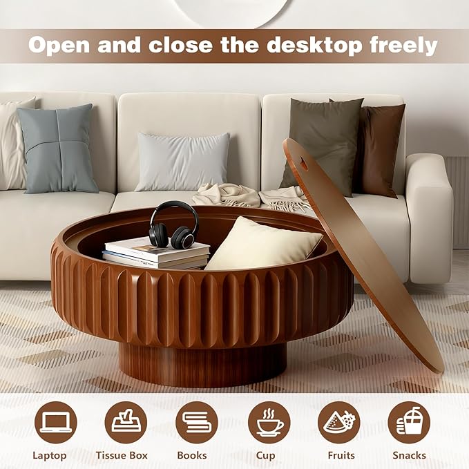31.5" Drum Coffee Table with Storage Modern Unique Fluted Tea Table Contemporary Round Coffee Table with Fluted Center Table for Small Space Apartment(31.5in)