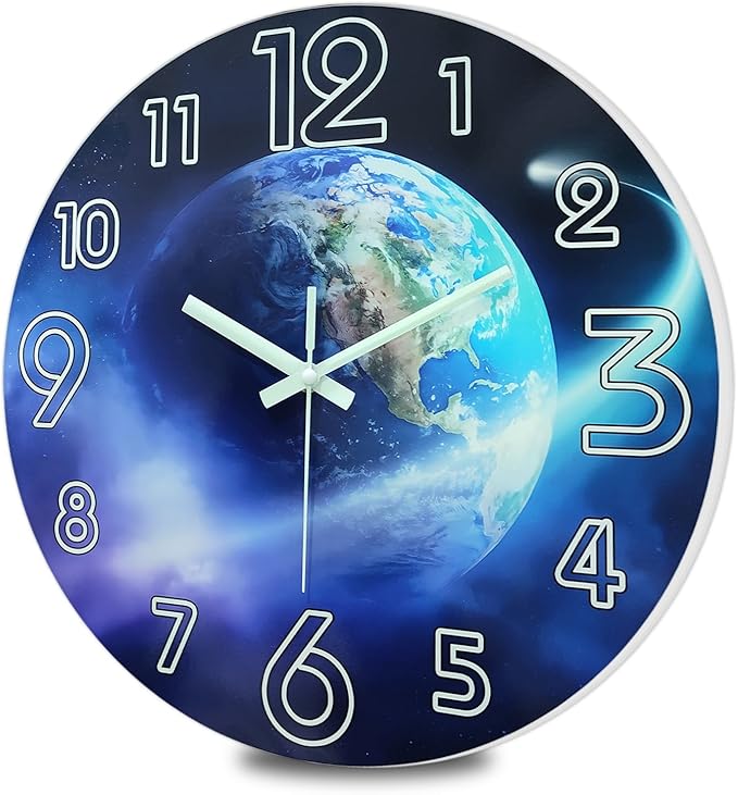 Modern Blue Wall Clock for Bedroom Night Glow Round Glow in The Dark Clock 12 Inch Silent Wall Clock Non Ticking