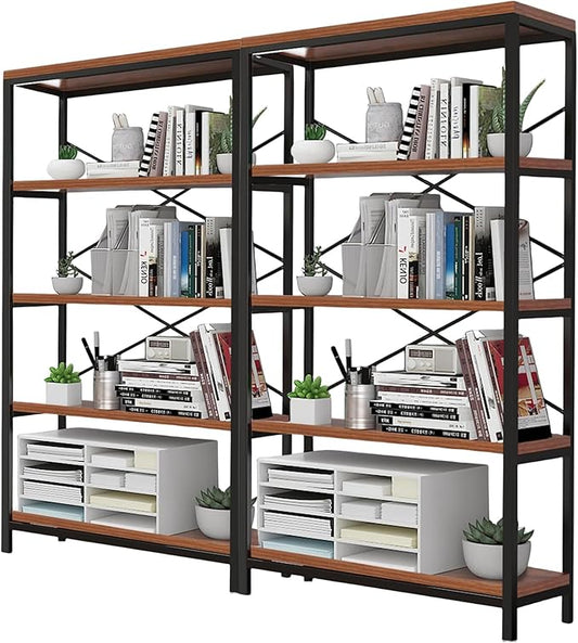 Himimi Industrial Bookshelf 5-Tier Set of 2, Bookcase 58" H Ladder Shelf, Storage Shelves Rack Shelf Unit, Accent Furniture Metal Frame, Home Office Furniture, Vintage Brown（2PCS）