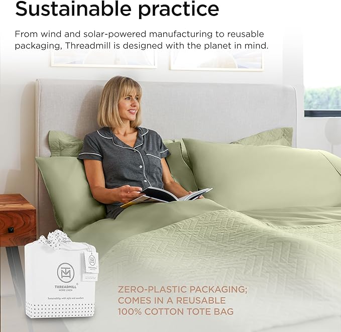 Threadmill 100% Cotton Sheets for Full Size Bed - 600 Thread Count Full Bed Sheets Set with 16” Deep Pocket - Sateen Weave 4-Piece Bedding Set with Cooling Effect, Sage Green