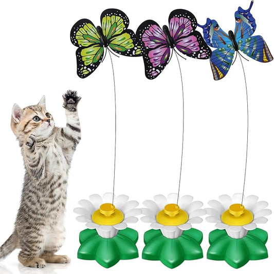 Vinsot 3 Pcs Electric Teasing Cat Toy Flying Interactive Cat Toy Automatic 360° Rotating Kitten Play Chase Supplies with 6 Pcs Replacement Head with Wire(Butterfly)