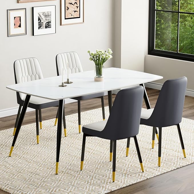 White Dining Table Set for 4, 62'' Dining Table Set for 4, Sintered Stone Dining Room Sets for 4, Easy to Assemble