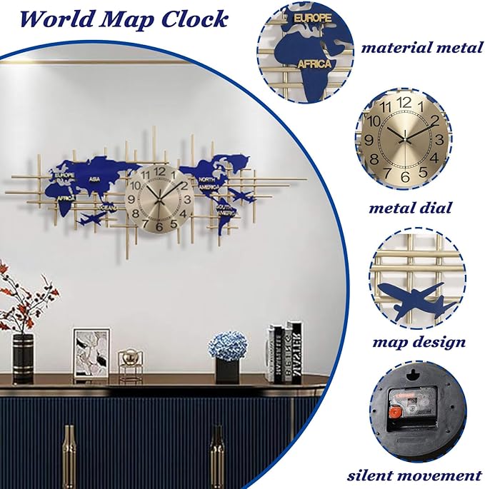 37.8 Inch Modern World Map Wall Clock, Silent Quartz 3D Design, Large Handmade Iron Frameless Decorative Clock for Living Room, Bedroom, Kitchen, Office (Large)