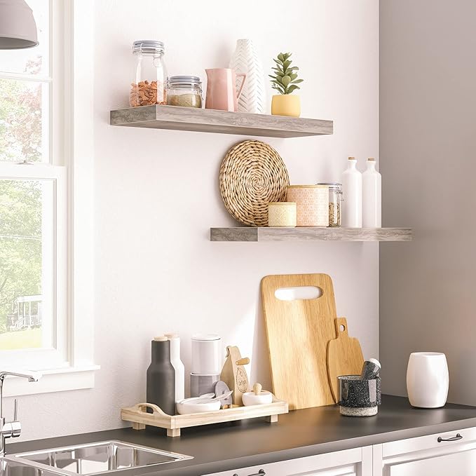 HOOBRO Floating Shelves for Wall, Wall Mounted Shelf Set of 2, 23.6" Hanging Shelf with Invisible Brackets, for Wall in Bathroom, Bedroom, Toilet, Kitchen, Living Room, Office, Greige BG60BJ01G1