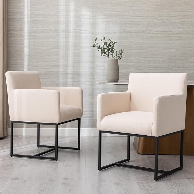 Linen Upholstered Dining Chairs with Arms Set of 4 Mid Century Modern Accent Chairs Armchairs with Black Metal Frame, Modern Kitchen & Dining Room Chairs, Cream