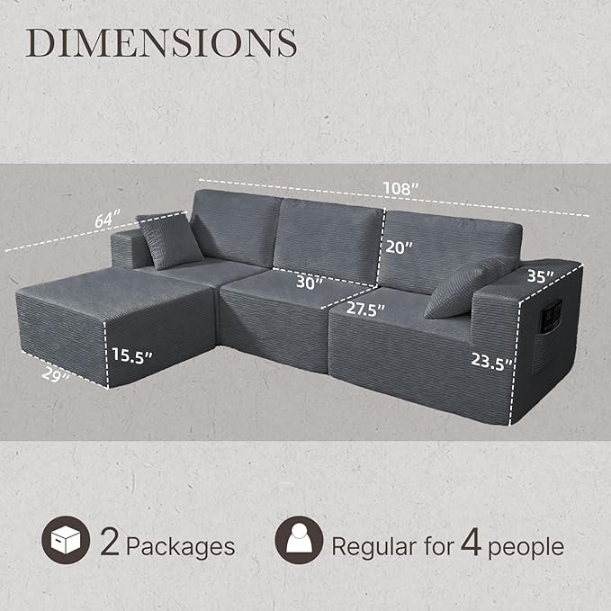 108” Modular Sectional Sofa Couch with Ottoman, 3-Seater Boneless Couch, L Shape Sectional Sofa Compressed Sofa for Living Room Bedroom, No Assembly Needed (Grey, 3 Seats+1 Ottoman)