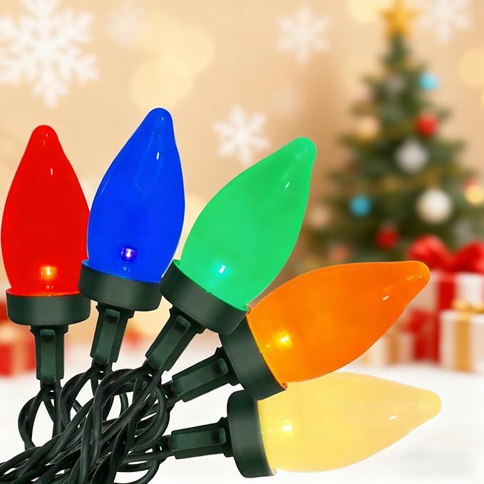 C7 LED Christmas String Lights,26FT Outdoor Christmas Lights with 50 LED Xmas Colorful Warm White Bulbs,Vintage Xmas Lights Outdoor Decorate Tree/Garden/Party/Room