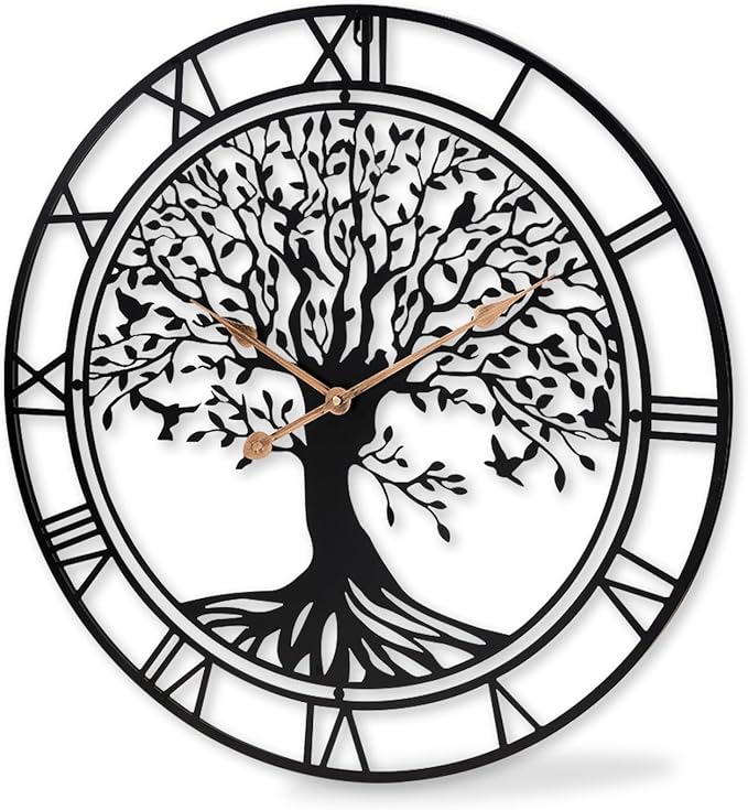 Tree of Life Wall Clock, 24Inch Metal Black Family Tree Oversized Wall Clocks for Living Room Bedroom Home Decor, Modern Silent Mid-Century Battery Operated