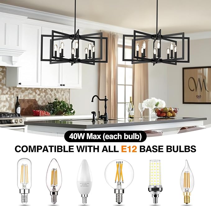Modern Black Chandelier, 8-Light Geometric Dining Room Light Fixture, Industrial Pendant Lights Kitchen Island, Hanging Metal Farmhouse Chandeliers for Dining Room Entryway Foyer Bedroom Kitchen
