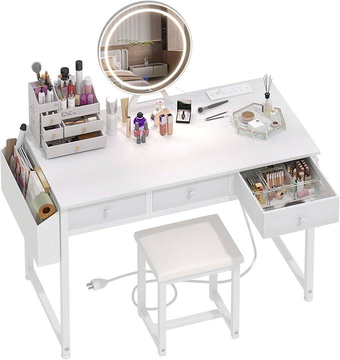 Lufeiya White Makeup Vanity Desk with Mirror and Lights, 40 inch Make Up Vanity Desks with Fabric Drawers & Power Outlet, Dressing Table and Chair Set for Girls Bedroom, White