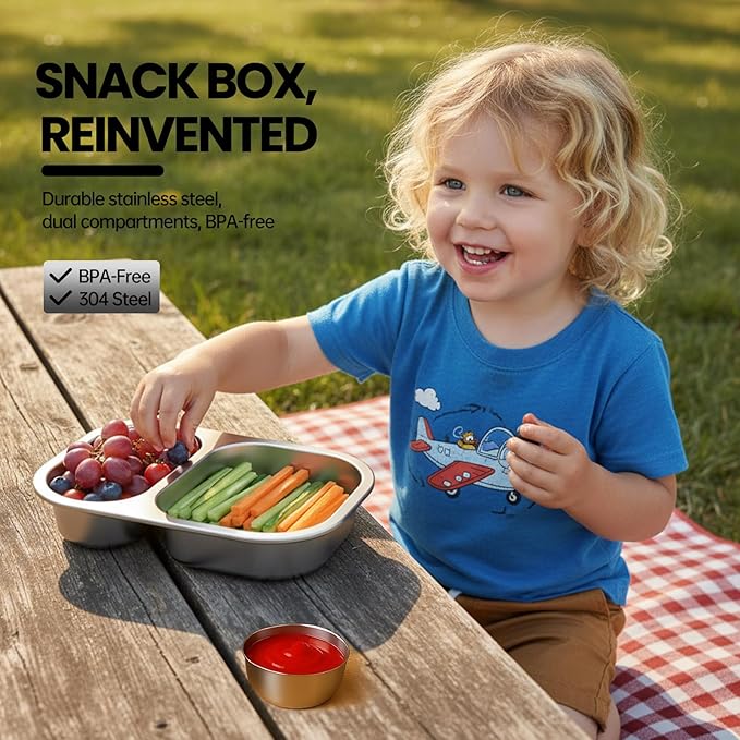 Snackle Box Container,Dishwasher,Reusable Snack Containers With Lids,2 Compartment Stainless Steel Snack Containers,Fruits, Snacks,Nuts,Salad,travel,800ML,White&Orange,1 Pack