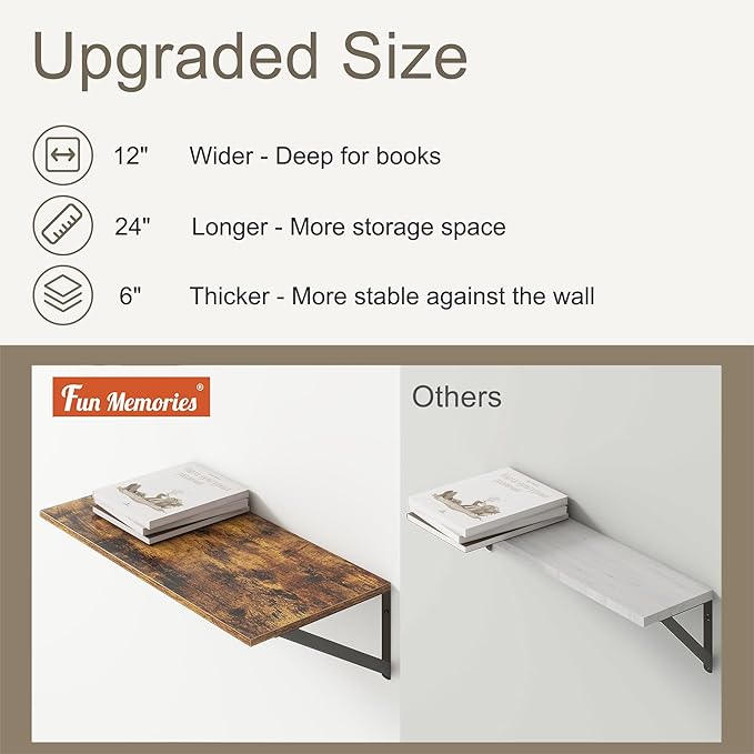 Deep Floating Shelves, 12 Inch Deep Floating Shelves for Wall, 24"W x 12"D Wall Shelves for Books, Large Rustic Wooden Shelf, Wide Display Shelf for Bathroom, Living Room, Rustic Brown, Set of 2