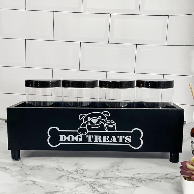 Large Dog Treats Container, Dog Cookie Jar for Dogs Cat Treats Container, Farmhouse Wood Pet Treats Storage Organizer for Dog Food Storage Container with 4 Jars, Cat Dog Treat Organizer
