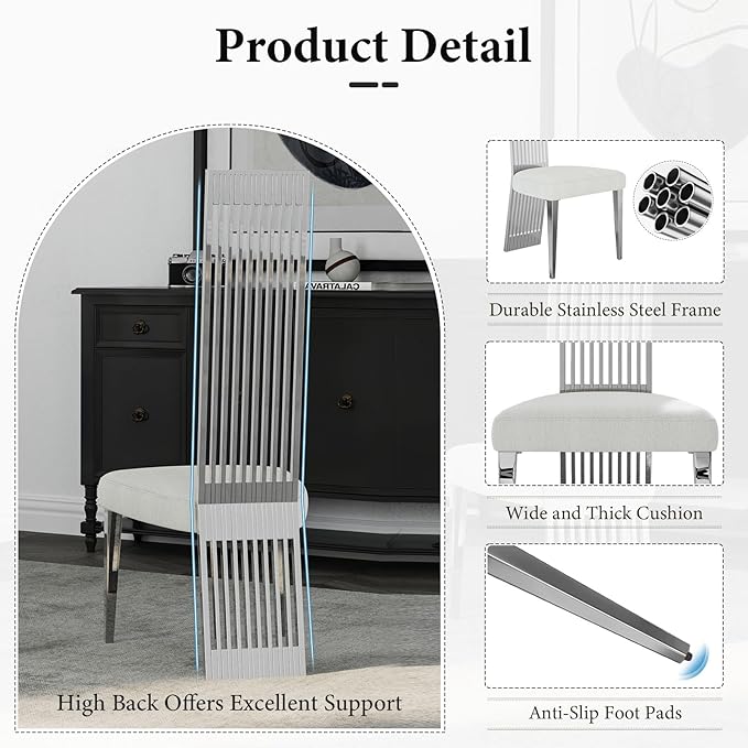 Modern Dining Chairs Set of 6, White Boucle Dining Room Chairs with Silver Polished Stainless Steel Legs, Upholstered Chairs with High Back and Metal Legs for Kitchen/Living Room/Restaurant