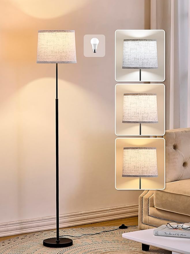 60" Modern Floor Lamp for Living Room Bedroom, Standing Lamp with Oatmeal Linen Lampshade, Tall Lamp with A19 9W 3 Color Temperature Bulb, Foot Switch Control, Black