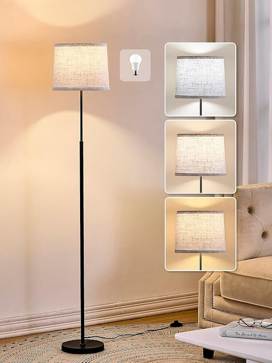 60" Modern Floor Lamp for Living Room Bedroom, Standing Lamp with Oatmeal Linen Lampshade, Tall Lamp with A19 9W 3 Color Temperature Bulb, Foot Switch Control, Black