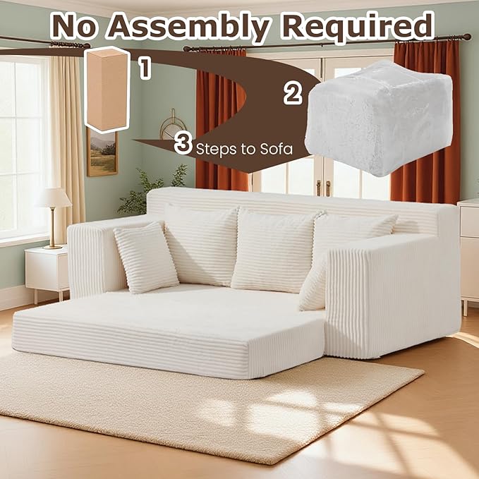 3 Seater Boneless Couch for Living Room, Convertible Futon Sofa Bed Comfy Pull Out Couch with 5 Pillows & Detachable Washable Cover, Upholstered Floor Sofa in A Box, No Assembly Required, Beige