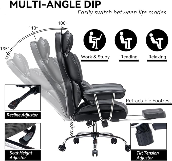Efomao Big and Tall Office Chair with Foot Rest 400LBS, PU Leather Computer Chair, Heavy Duty Executive Office Chair with Lumbar Support, Black Home Office Chairs