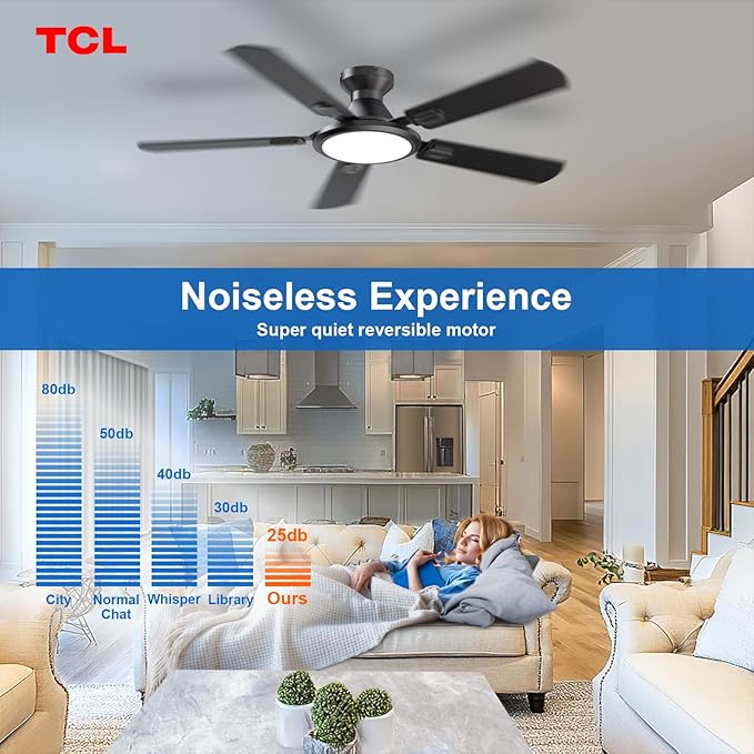 TCL Ceiling Fans with Lights, 52 Inch Low Profile Ceiling Fan with Light and Remote Control, Flush Mount, DC Reversible Motor, Noiseless, 6 Speeds Ceiling Fan for Bedroom (Black)