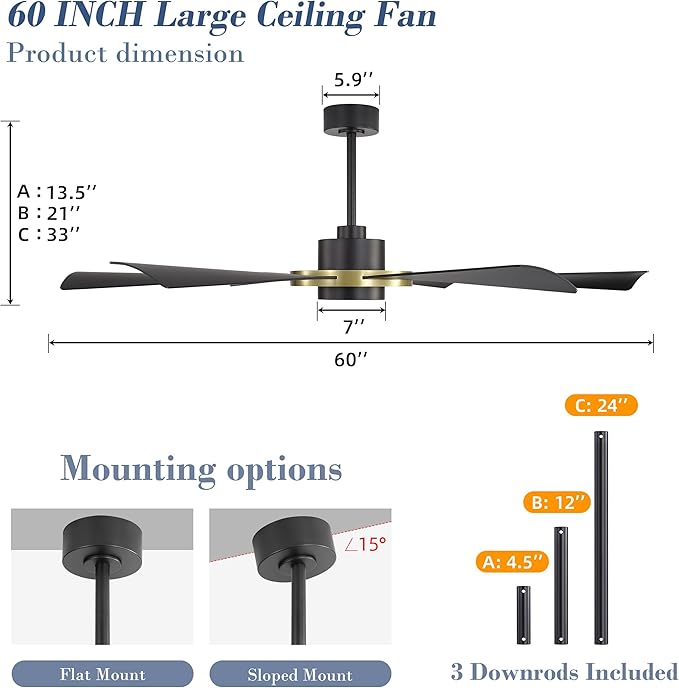 ELEHINSER 60" Ceiling Fan with Lights - 6 ABS Plastic Blades, 3 Downrods, 6-Speed Reversible DC Motor, 3CCT, Windmill Ceiling Fan for Kitchen Bedroom Living Room, Black and Brass