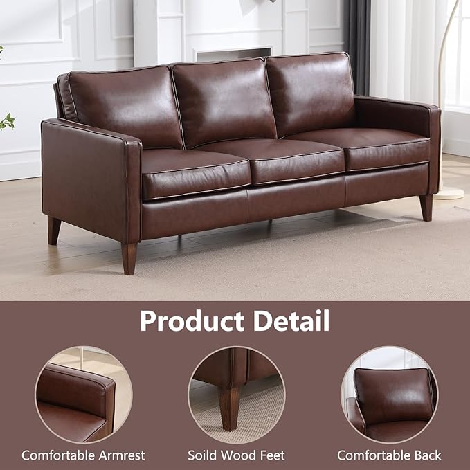 EBELLO 77” Mid Century Modern Sofa Couch, 3 Seater Faux Leather Couches for Living Room, Soft Padded Comfy Cushion, Small Sofa for Small Spaces, Bedroom, Apartment, Dark Brown