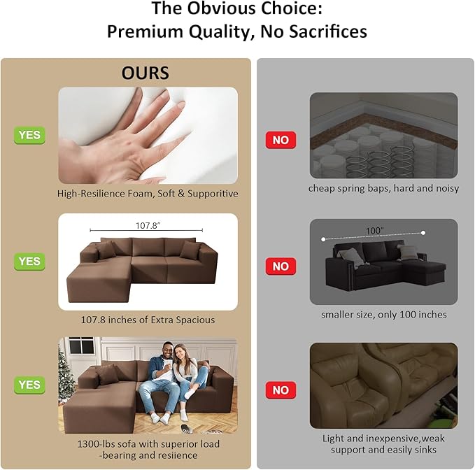 108" Cloud Sectional Couch with L-Shape Chaise,4 Seat Modern Modular Sofa with Deep Seat,Upholstered Couches for Living Room Bedroom, Boneless Couch