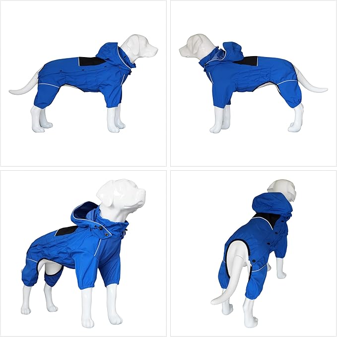 LOVELONGLONG Waterproof Dog Raincoat with Removable Hood – Outdoor Full Body Dog Jacket, Windproof Snowproof Shell Suit – All Season Pet Rain Gear Blue 3XL