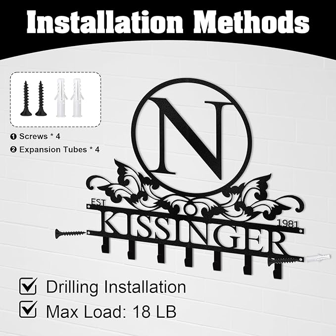 Personalized Metal Key Holder Wall Mount, Custom Family Name Key Holder for Wall, Decorative Key Rack, Home Decor for Entryway Kitchen Hallway Bedroom, Housewarming Gifts Color02