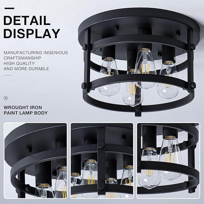 4-Light Retro Farmhouse Flush Mount Round Vintage Metal Ceiling Light Fixtures, Rustic Ceiling Lamp for Kitchen Island Hallway Entryway Bedroom Dining Room, E26 Bulbs, 13.78"