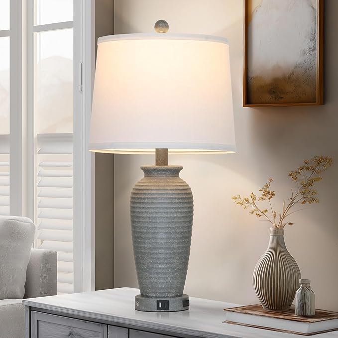 25" Grey Farmhouse Jar Table Lamps, 3 Way Touch Control Rustic Bedside Lamps with USB A+C Ports & AC Outlet, Pot Nightstand Lamps for Bedroom End Table (LED Bulbs Included)